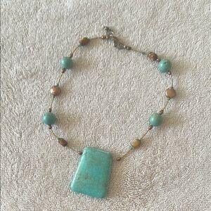 Blue and Brown Bohemian Necklace with Rectangular Pendant